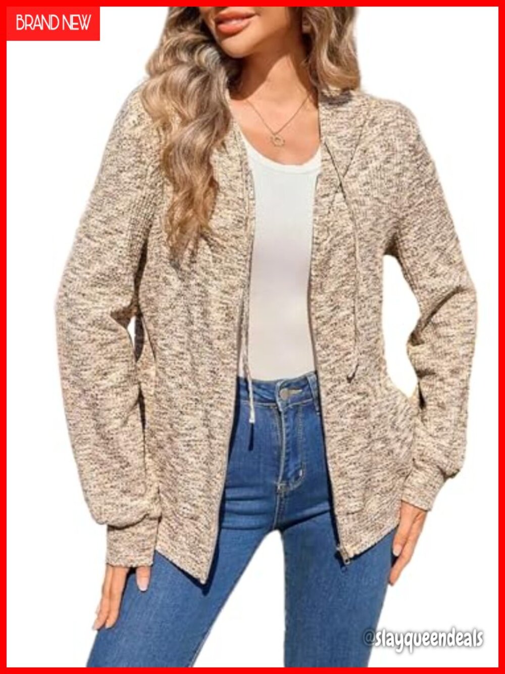 Waffle Knit Oversized Zip Up Hoodie Sweatshirt Relaxed Fit Long Sleeve